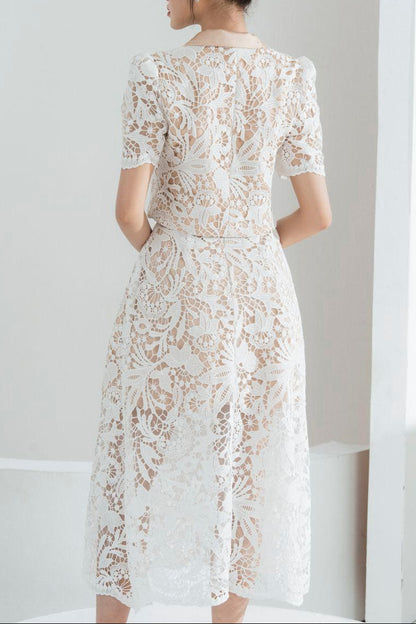Leona Cropped Peak Lapel Lace Top Skirt Set in White