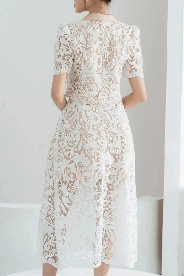 Leona Cropped Peak Lapel Lace Top Skirt Set in White Avalabel