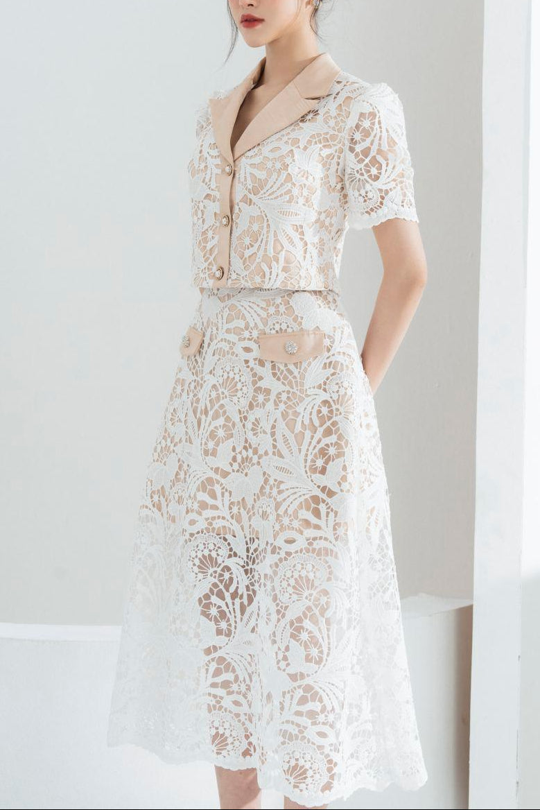 Leona Cropped Peak Lapel Lace Top Skirt Set in White