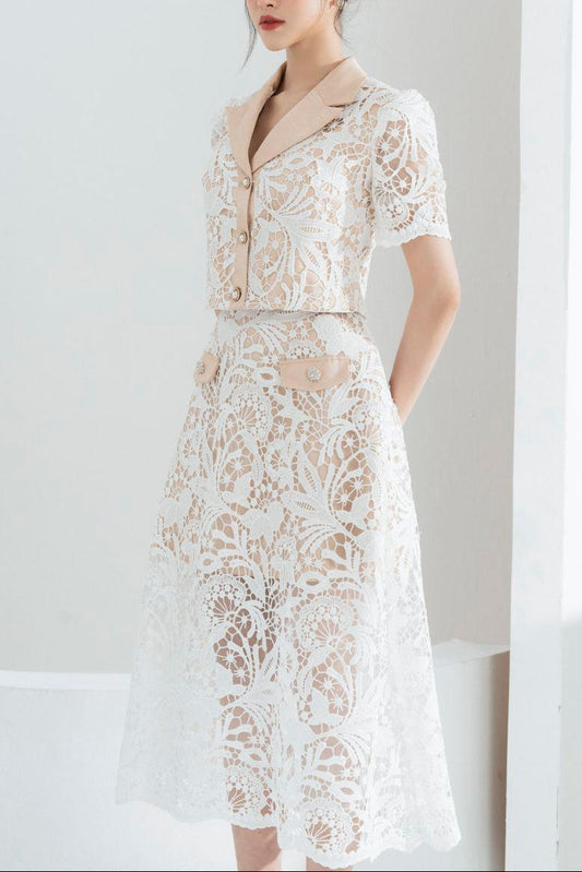 Leona Cropped Peak Lapel Lace Top Skirt Set in White