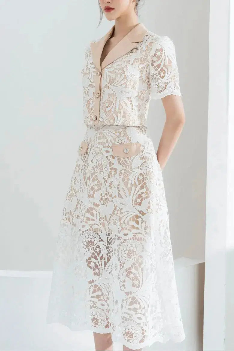 Leona Cropped Peak Lapel Lace Top Skirt Set in White Avalabel