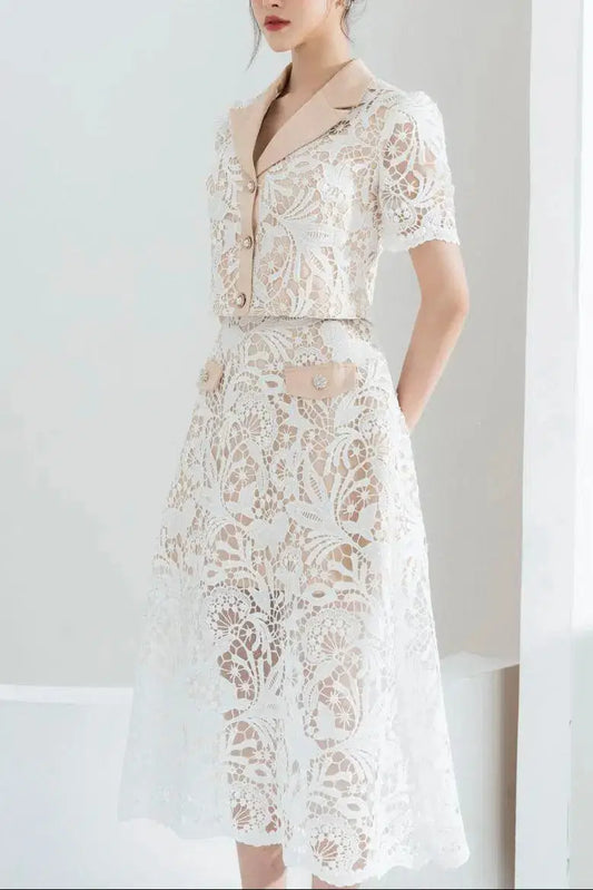 Leona Cropped Peak Lapel Lace Top Skirt Set in White Avalabel