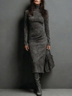 High Neck Long Sleeve Suede Midi Dress Avalabel