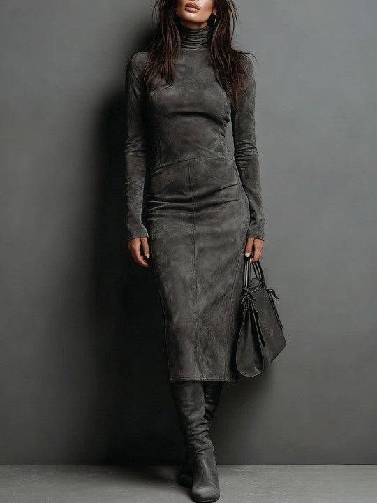 High Neck Long Sleeve Suede Midi Dress Avalabel