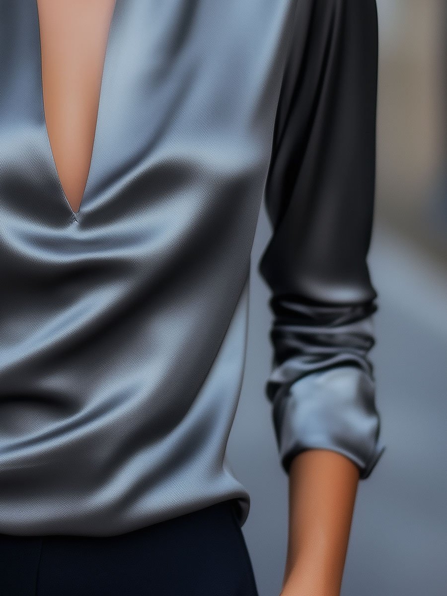 Silver Satin Blouse with Plunging V-Neck Avalabel