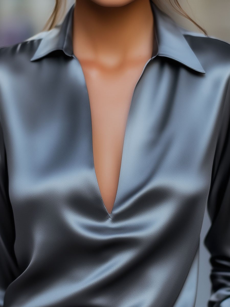 Silver Satin Blouse with Plunging V-Neck Avalabel