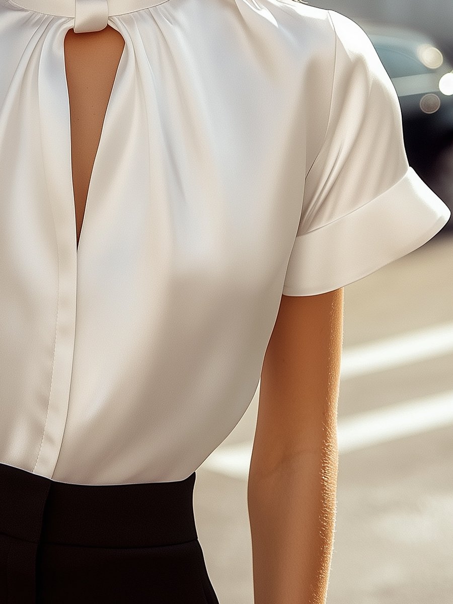 Sophisticated White Satin Blouse with Modern Keyhole Neckline Avalabel