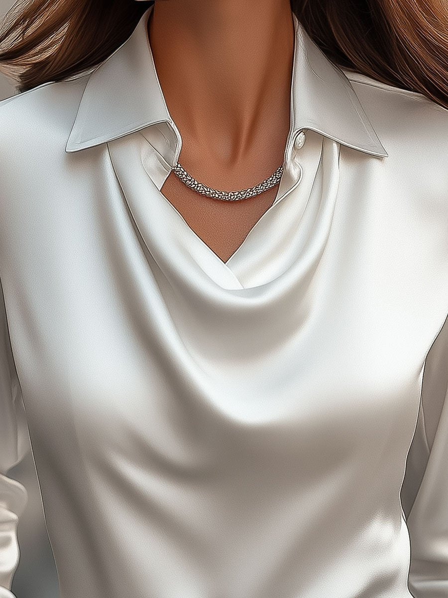 Elegant White Satin Blouse with Draped Neckline Avalabel