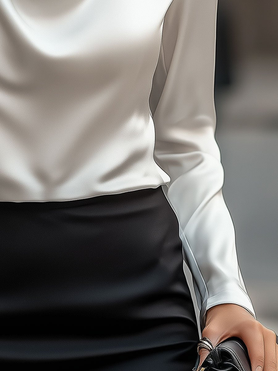 Elegant White Satin Blouse with Draped Neckline Avalabel