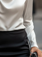 Elegant White Satin Blouse with Draped Neckline Avalabel