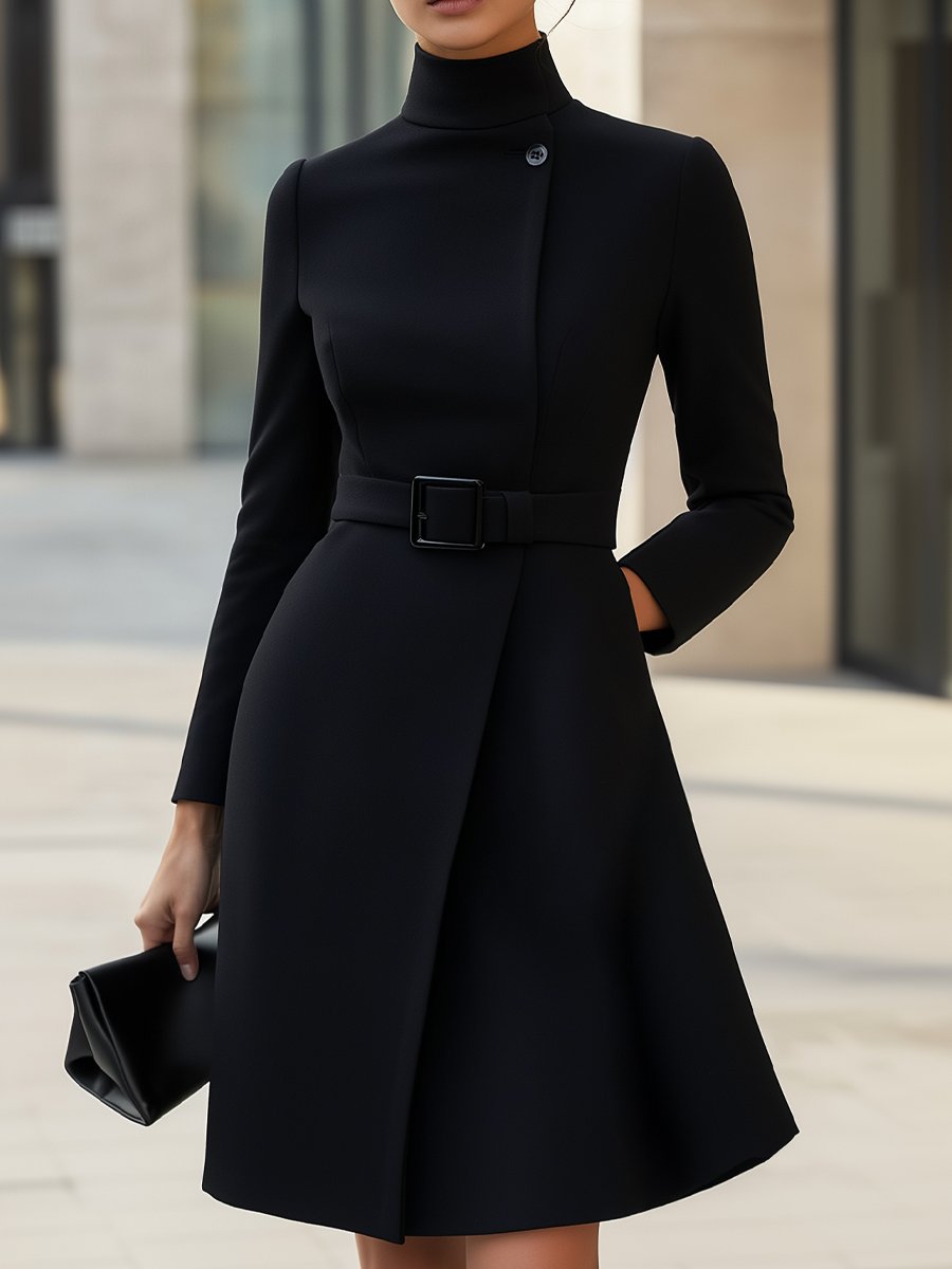 Black High-Neck Asymmetric Belted A-Line Dress Avalabel