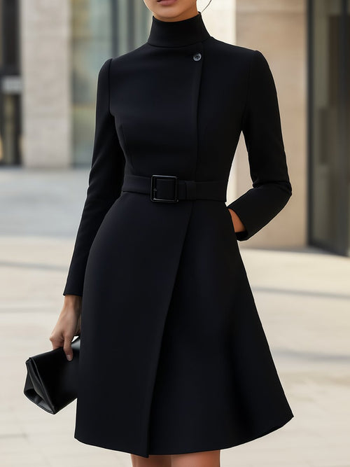 Black High-Neck Asymmetric Belted A-Line Dress Avalabel