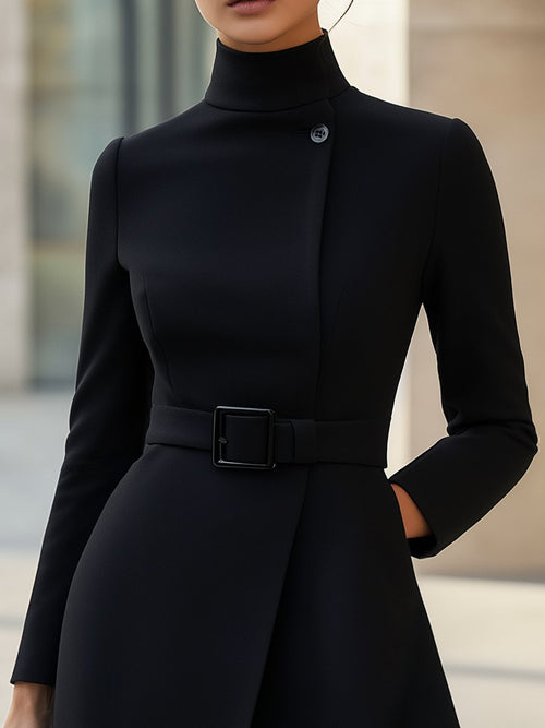 Black High-Neck Asymmetric Belted A-Line Dress Avalabel
