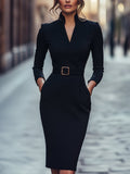 Refined Black Belted Sheath Dress with Mandarin Collar Avalabel