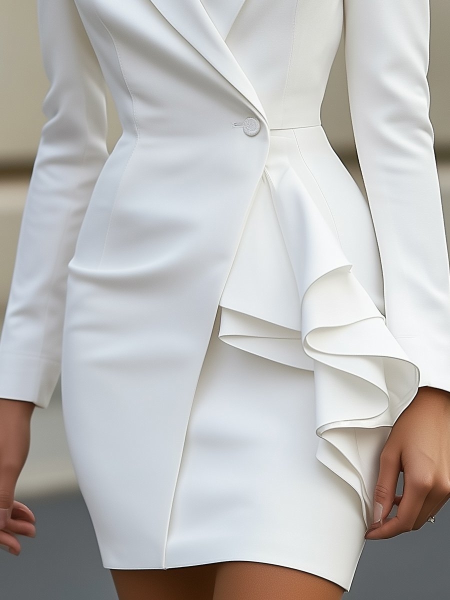 Elegant White Tailored Blazer Dress with Ruffle Detail Avalabel