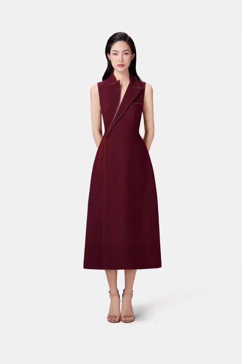 Asymmetric Collar Blazer Midi Dress in Red Avalabel