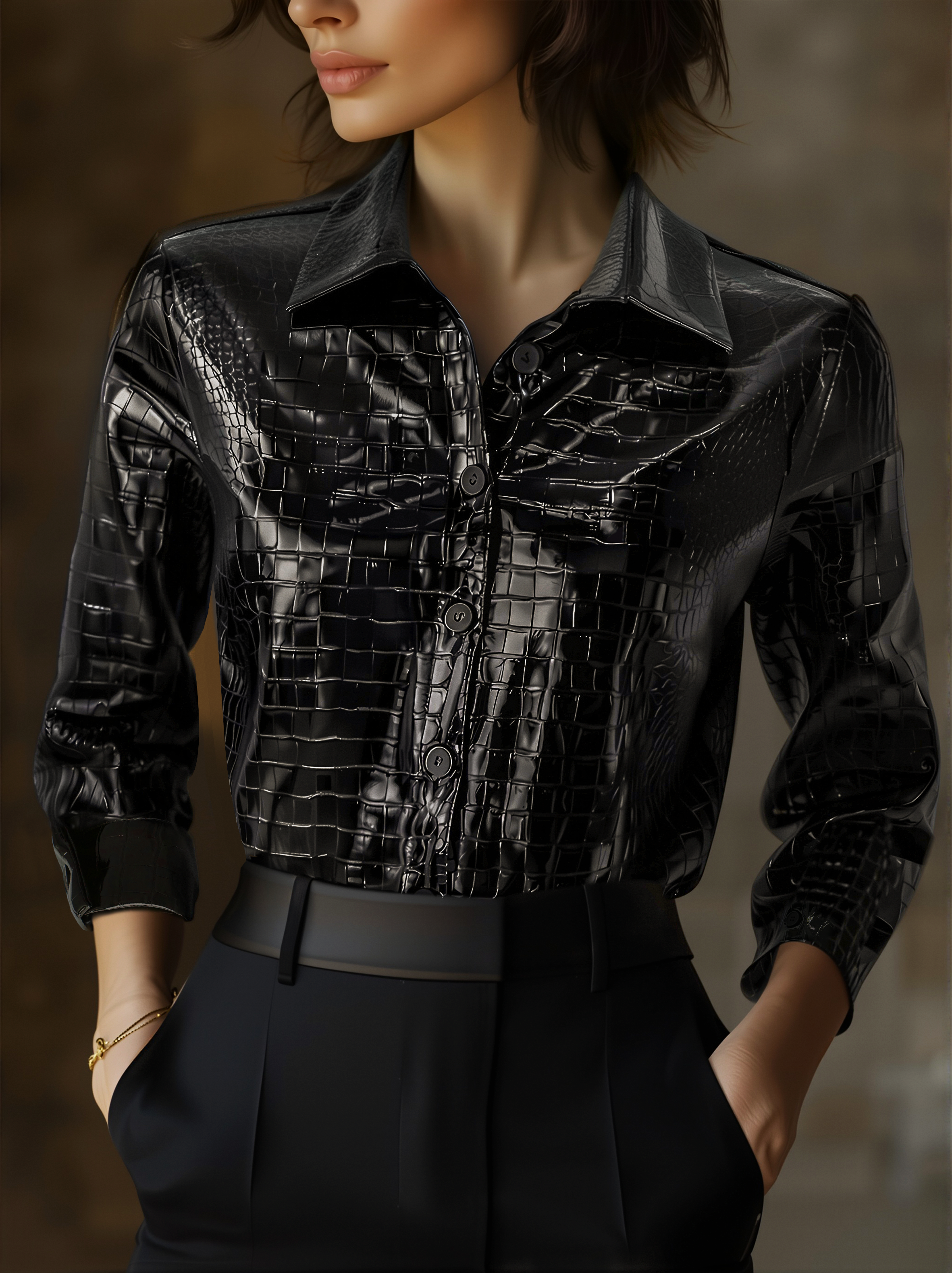 Glossy Black Crocodile Embossed Shirt Avalabel