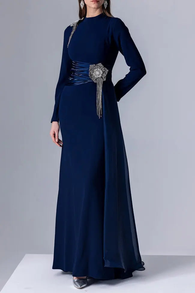 crystal flower Long-sleeve lace pleated maxi dress in blue Avalabel