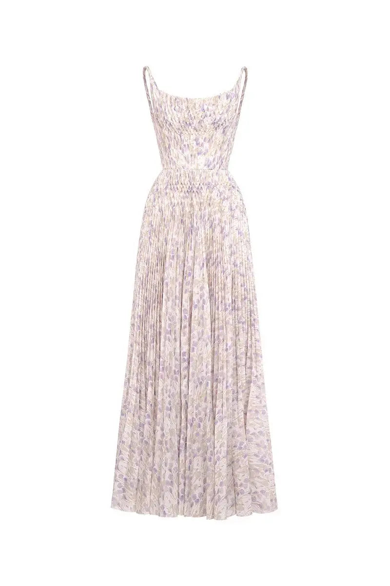 lillian floral print pleated maxi dress in pale purple Avalabel