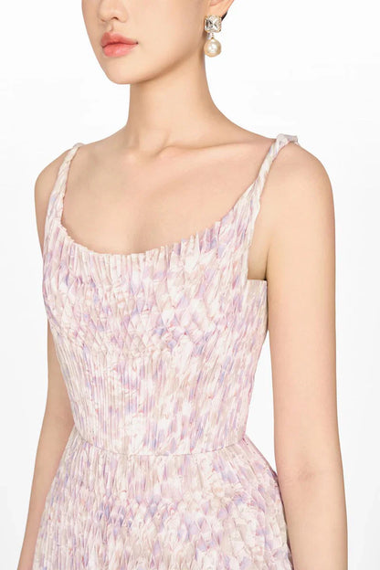lillian floral print pleated maxi dress in pale purple