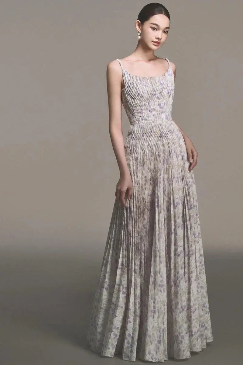 lillian floral print pleated maxi dress in pale purple Avalabel