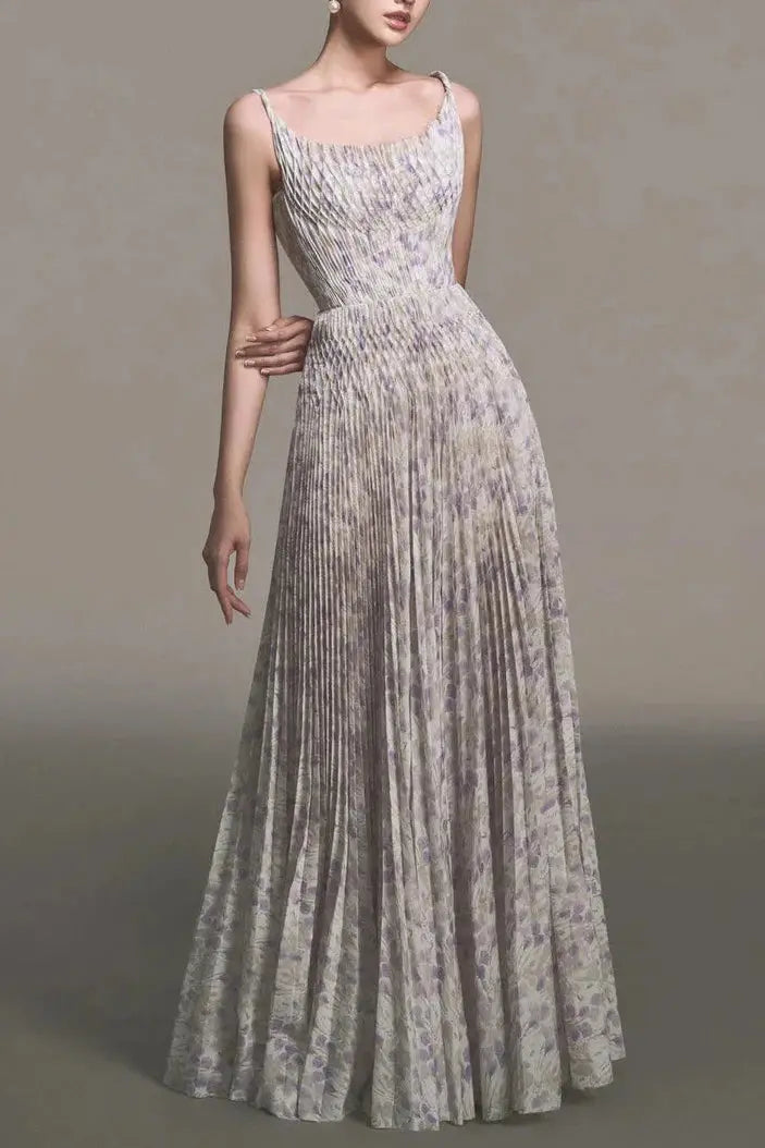 lillian floral print pleated maxi dress in pale purple Avalabel