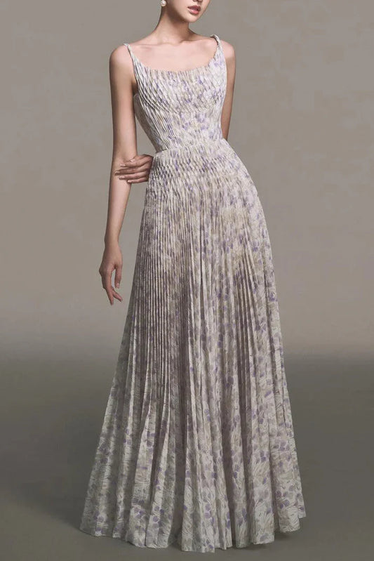 lillian floral print pleated maxi dress in pale purple