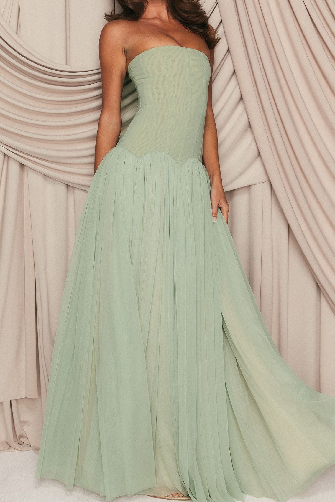 Sabrina Tulle Strapless Maxi Dress - Green Avalabel