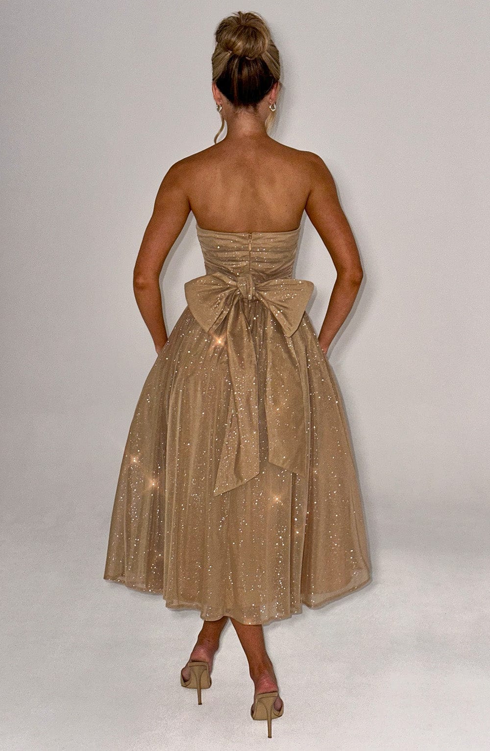 Marissa Strapless Gold Sparkle Midi Dress Avalabel
