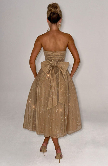 Marissa Strapless Gold Sparkle Midi Dress