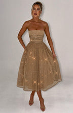 Marissa Strapless Gold Sparkle Midi Dress Avalabel
