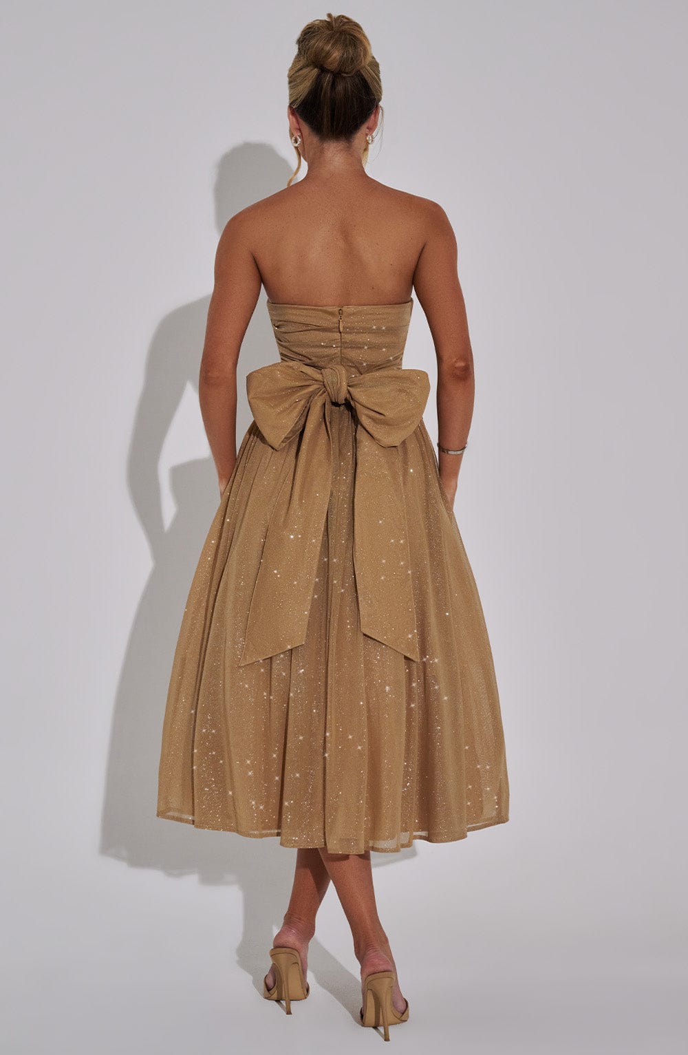 Marissa Strapless Gold Sparkle Midi Dress Avalabel