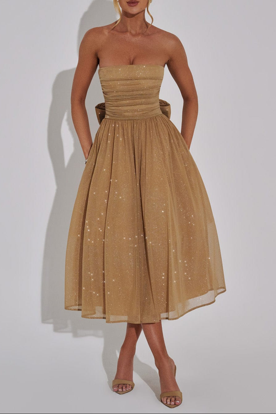 Marissa Strapless Gold Sparkle Midi Dress Avalabel