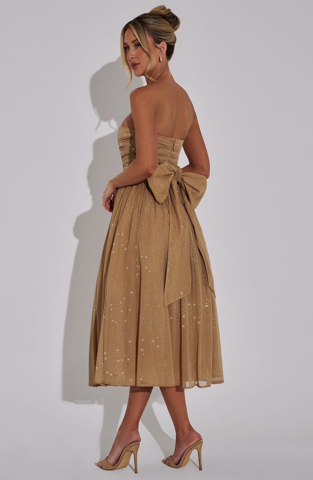 Marissa Strapless Gold Sparkle Midi Dress Avalabel