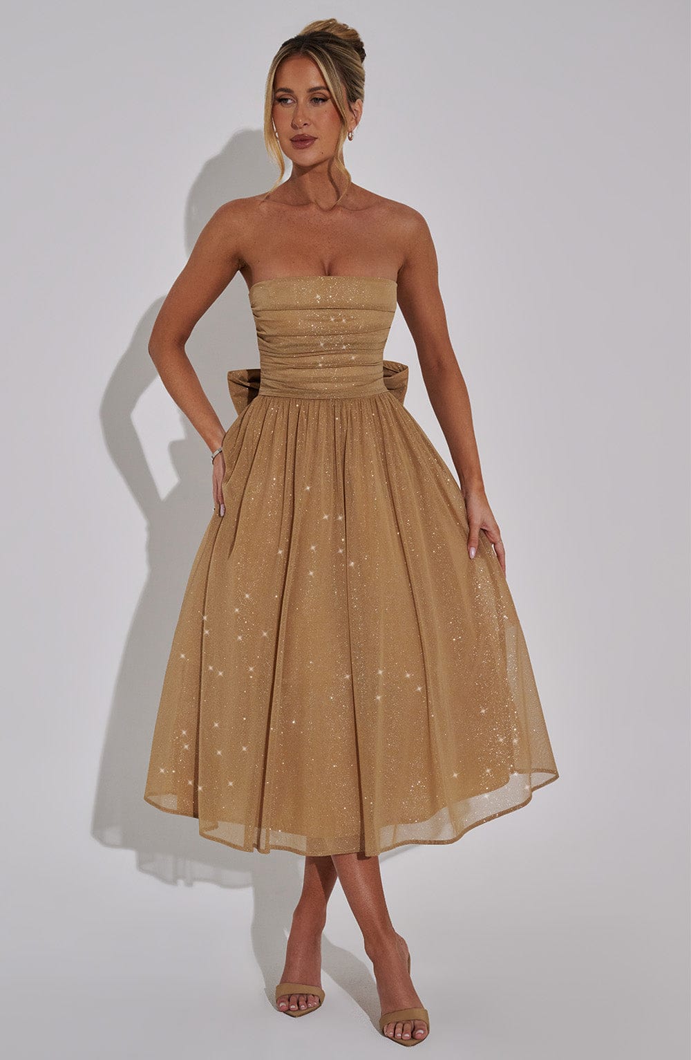Marissa Strapless Gold Sparkle Midi Dress Avalabel