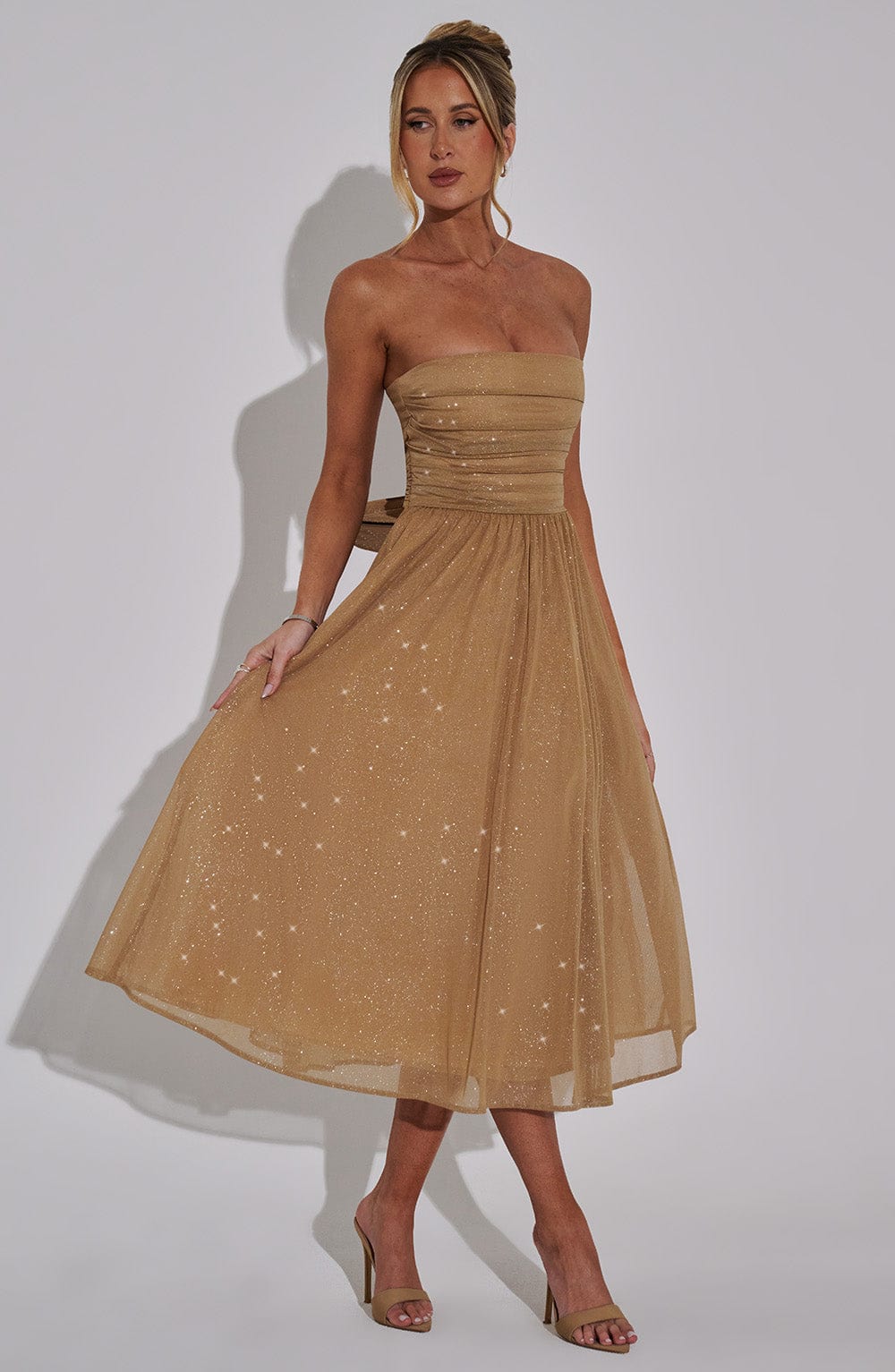 Marissa Strapless Gold Sparkle Midi Dress Avalabel