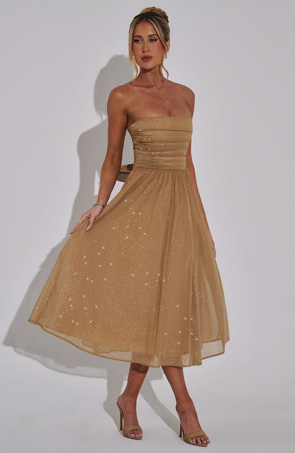 Marissa Strapless Gold Sparkle Midi Dress