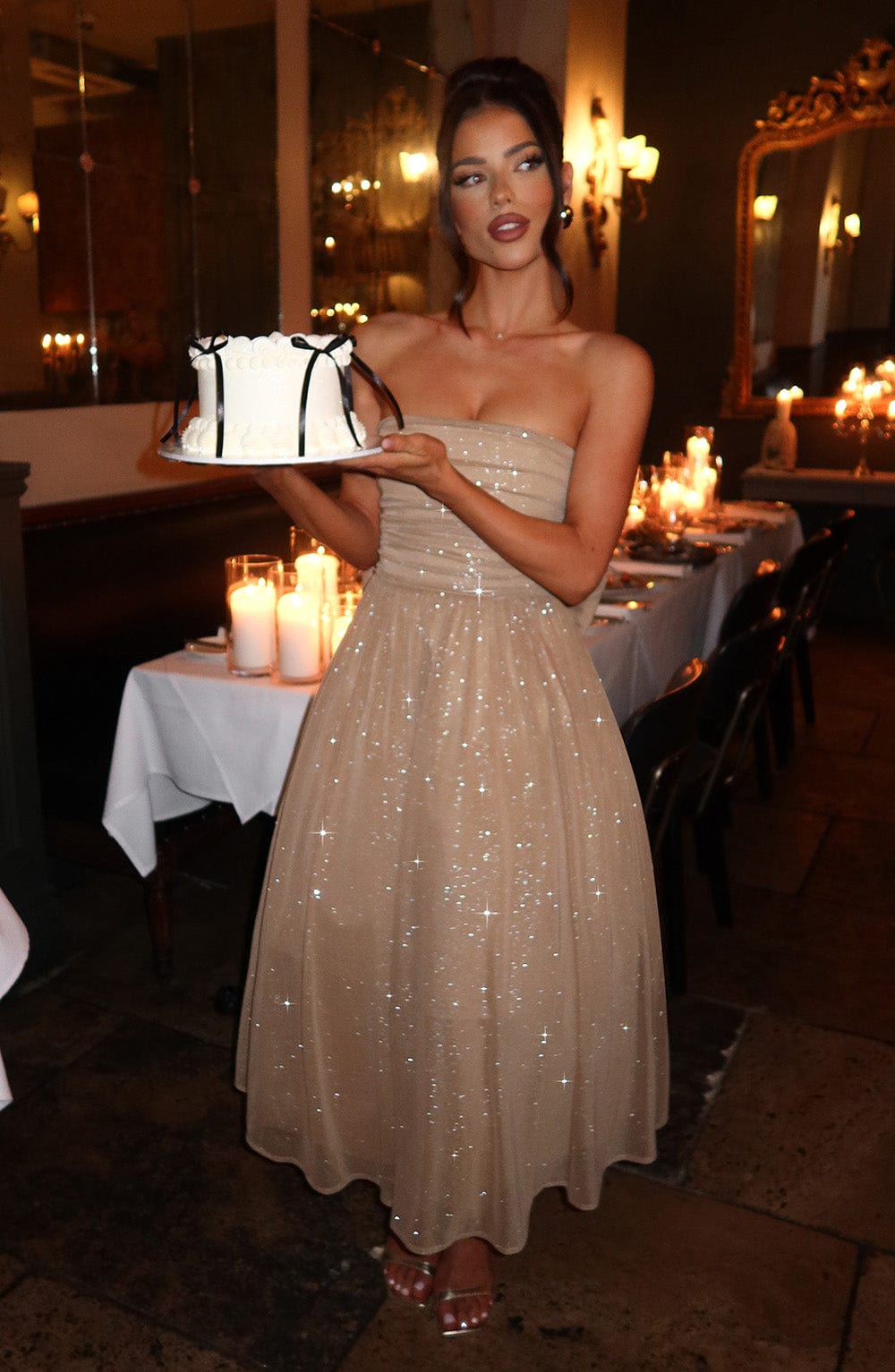 Marissa Strapless Gold Sparkle Midi Dress Avalabel