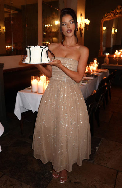 Marissa Strapless Gold Sparkle Midi Dress