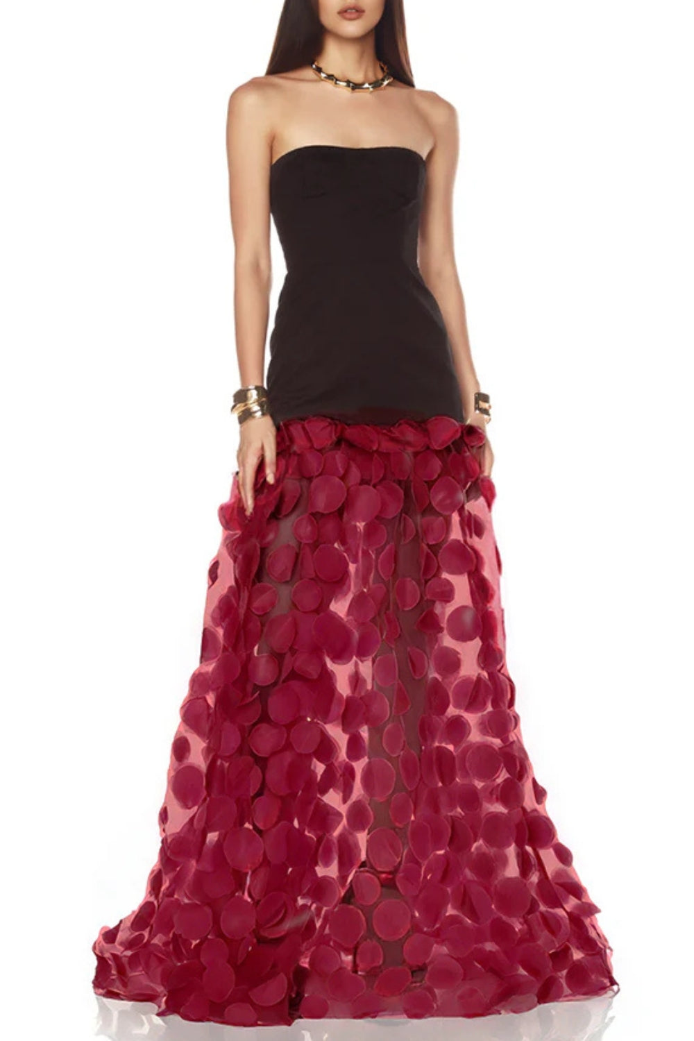Nodin Strapless Dot Mesh Maxi Dress in Red Avalabel