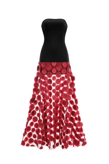 Nodin Strapless Dot Mesh Maxi Dress in Red