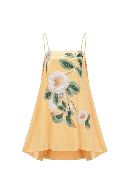 Edwina Applique Floral Embroidered Mini Dress in Yellow