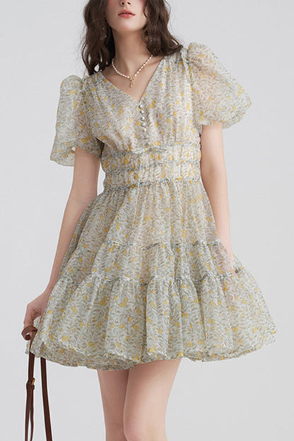 Printed V-neck tutu mini dress in Daisy Yellow