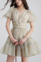 Printed V-neck tutu mini dress in Daisy Yellow Avalabel