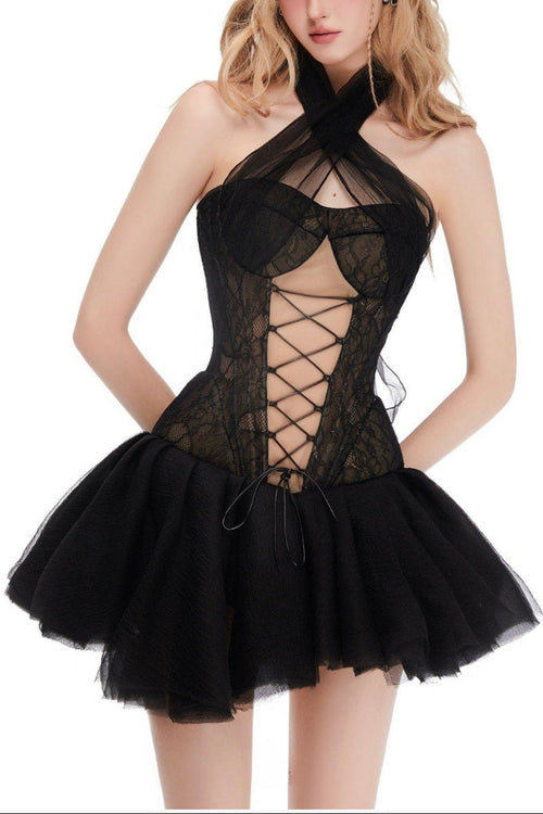 amelia Halter neck tube top with cross straps mini dress in black Avalabel