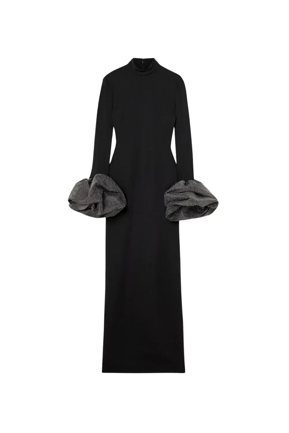 rachel black ruffled crystal-embellished crepe mock-neck gown Avalabel