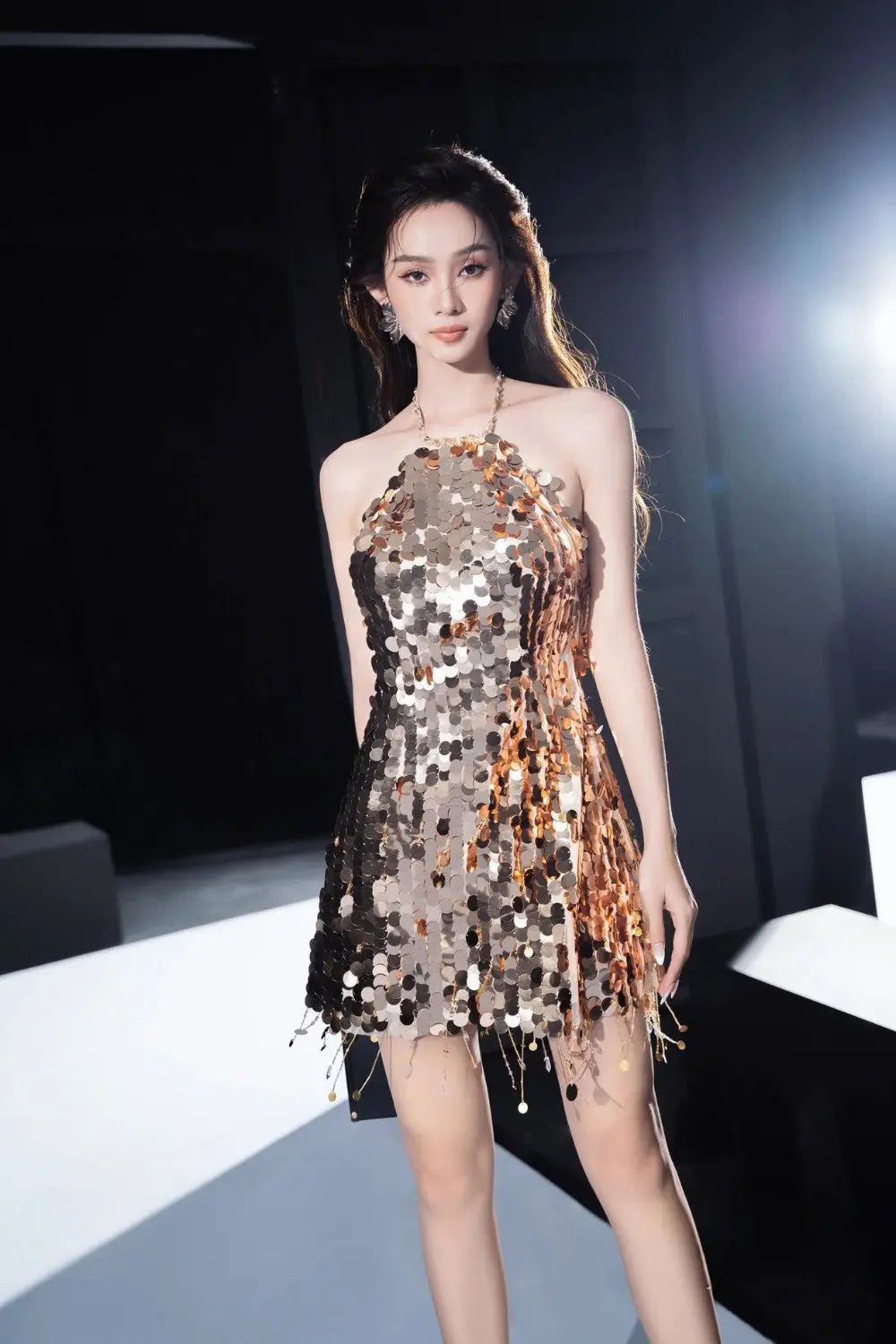tammy Halter Sleeveless Sequin Mini Dress in gold Avalabel