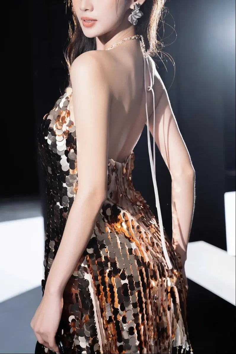 tammy Halter Sleeveless Sequin Mini Dress in gold Avalabel