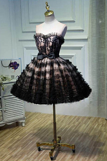 Lorraine Bow Lace Strapless Puffy Mini Dress in Black