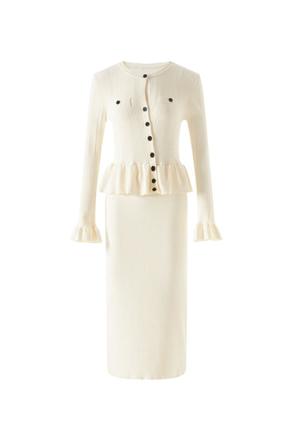 Caroline Asymmetric Knit Midi Dress in Beige